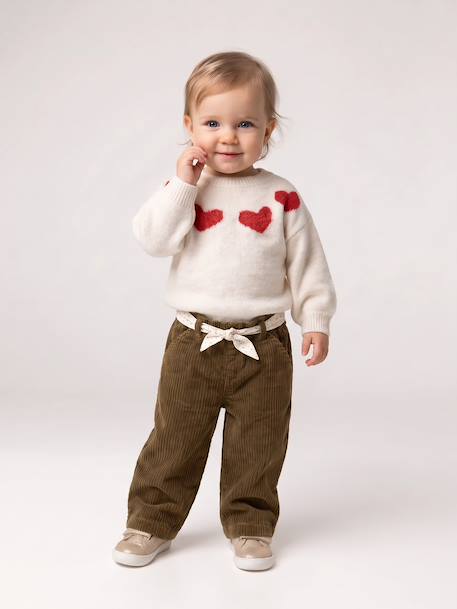 Pantalon large en velours ceinture à fleurs bébé olive+vieux rose 1 - vertbaudet enfant 