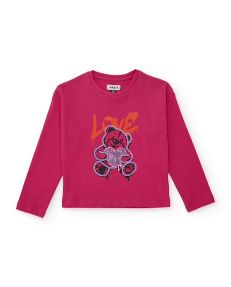 T-shirt fille en maille avec imprimé ourson et sequins Rose 1 - vertbaudet enfant 