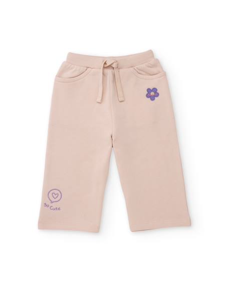 Pantalon en molleton pour fille avec broderie de fleurs et toucher doux Beige 1 - vertbaudet enfant 