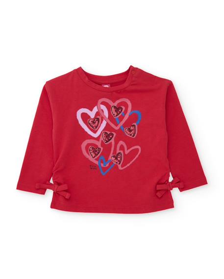 T-shirt fille en jersey à motif cœurs et nœuds Rouge 1 - vertbaudet enfant 
