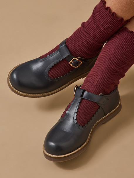 Salomés en cuir fille Bordeaux chocolat+Marine 7 - vertbaudet enfant 
