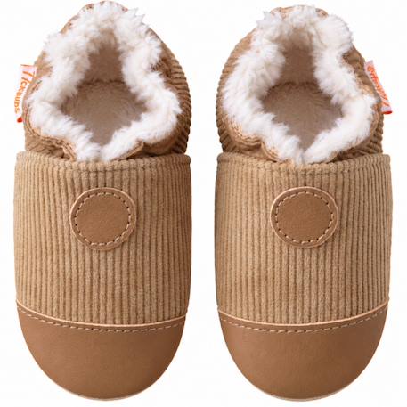 Chaussons bébé cuir souple uni velours fourrés Marron 2 - vertbaudet enfant 