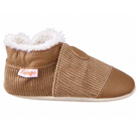 Chaussons bébé cuir souple uni velours fourrés Marron 1 - vertbaudet enfant 