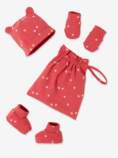 Kit bonnet + chaussons + gants et sac bébé bleu glacier imprimé+nude imprimé+rose foncé 5 - vertbaudet enfant 