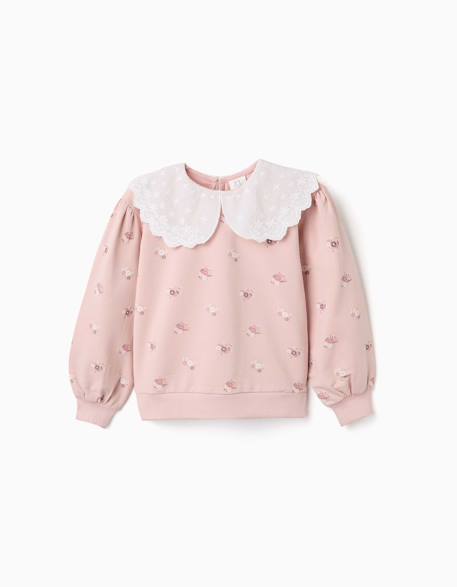 Sweat en coton avec imprimé floral et maxi col Rose clair 1 - vertbaudet enfant 