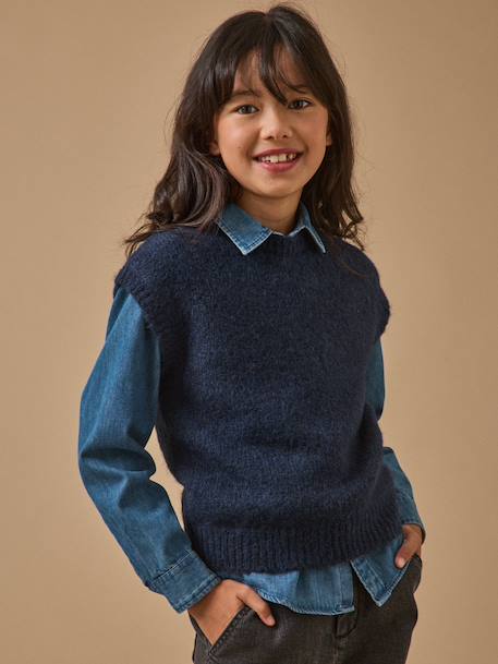 Pull sans manches fille laine et alpaga Ecru chine+Marine+Rhubarbe 3 - vertbaudet enfant 