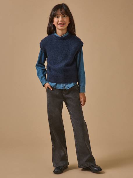 Pull sans manches fille laine et alpaga Ecru chine+Marine+Rhubarbe 6 - vertbaudet enfant 