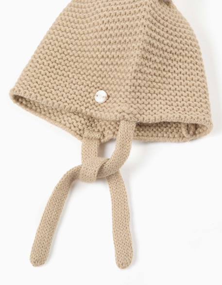 Bonnet en maille avec pompons et liens à nouer Beige clair 2 - vertbaudet enfant 