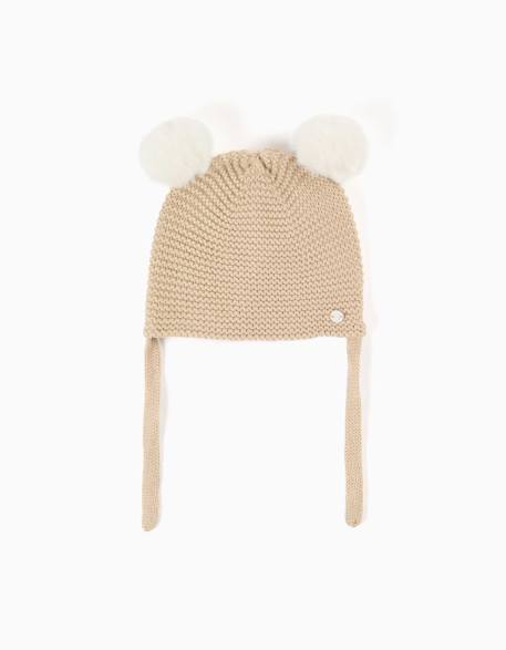 Bonnet en maille avec pompons et liens à nouer Beige clair 1 - vertbaudet enfant 