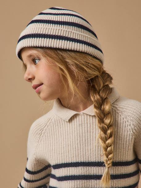 Bonnet laine mérinos enfant - cyrillus x les 3 tricoteurs Marine+Rayure marine 3 - vertbaudet enfant 