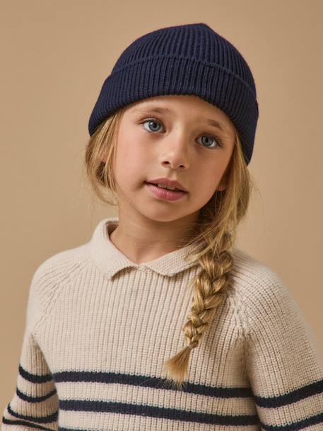 Bonnet laine mérinos enfant - cyrillus x les 3 tricoteurs Marine+Rayure marine 1 - vertbaudet enfant 