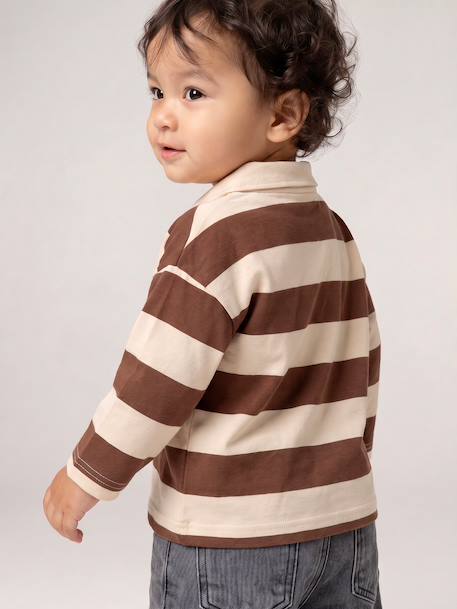 T-shirt polo bébé rayé manches longues bleu grisé+cacao 14 - vertbaudet enfant 
