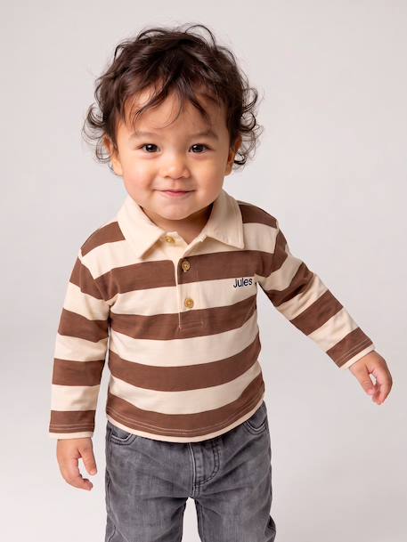 T-shirt polo bébé rayé manches longues bleu grisé+cacao 9 - vertbaudet enfant 