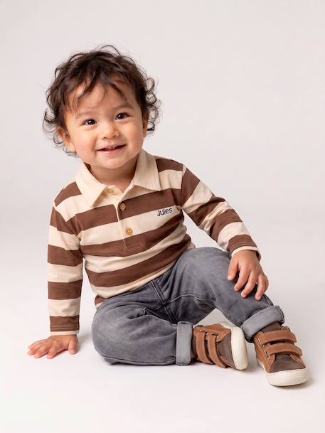 T-shirt polo bébé rayé manches longues bleu grisé+cacao 15 - vertbaudet enfant 