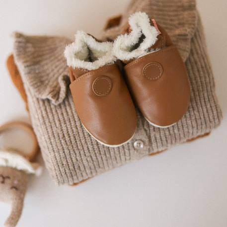Chaussons cuir souple uni fourrés Marron 3 - vertbaudet enfant 