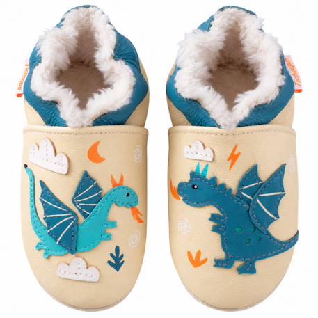 Chaussons bébé cuir souple fourrés gaël et tim les dragons Beige 2 - vertbaudet enfant 