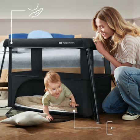 Lit Parapluie Kinderkraft CAMI 3 en 1 Compact et Léger avec Sommier Réglable, Parc Enfant et Sac à Dos Voyage Black+Grey 4 - vertbaudet enfant 