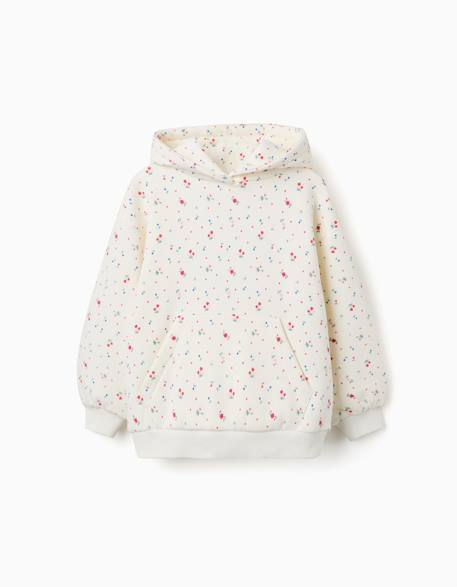 Sweat en coton peigné à capuche et motif floral Blanc 1 - vertbaudet enfant 