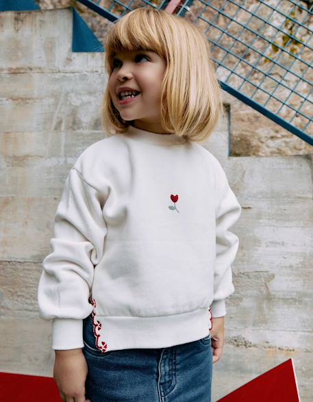 Sweat en coton peigné avec fleur brodée Blanc 1 - vertbaudet enfant 