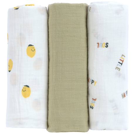 Lot de 3 langes mousseline gots happy fruits citron (85x85 cm) Vert, jaune, blanc 2 - vertbaudet enfant 