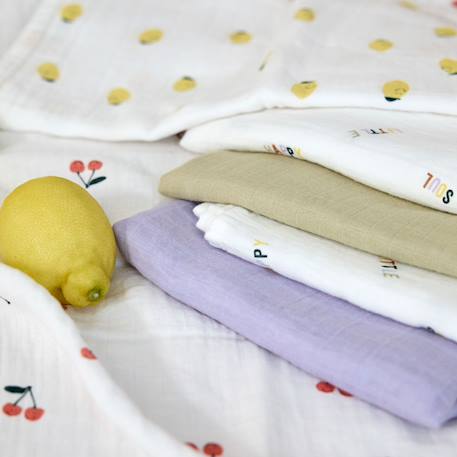 Lot de 3 langes mousseline gots happy fruits citron (85x85 cm) Vert, jaune, blanc 6 - vertbaudet enfant 