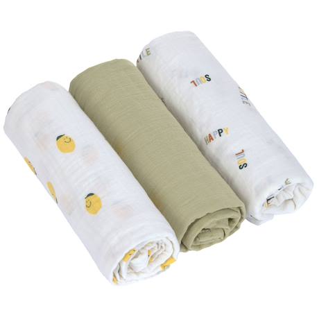 Lot de 3 langes mousseline gots happy fruits citron (85x85 cm) Vert, jaune, blanc 1 - vertbaudet enfant 
