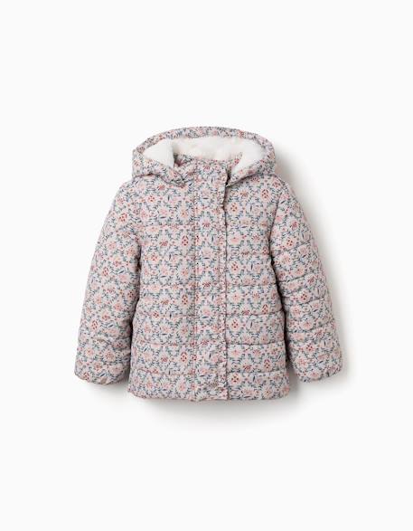 Doudoune floral avec capuche et doublure en peluche douce synthétique Beige clair 1 - vertbaudet enfant 