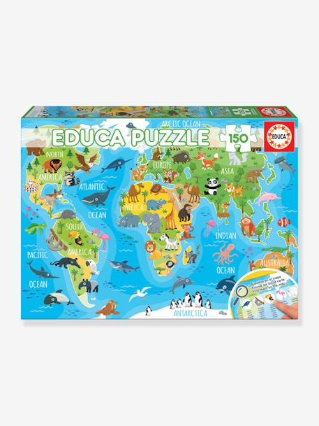 Puzzle 150 pièces Mappemonde Animaux EDUCA bleu 1 - vertbaudet enfant 