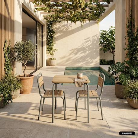 Table de jardin enfant acier et décor bois + 2 assises - suzie Vert de gris 1 - vertbaudet enfant 