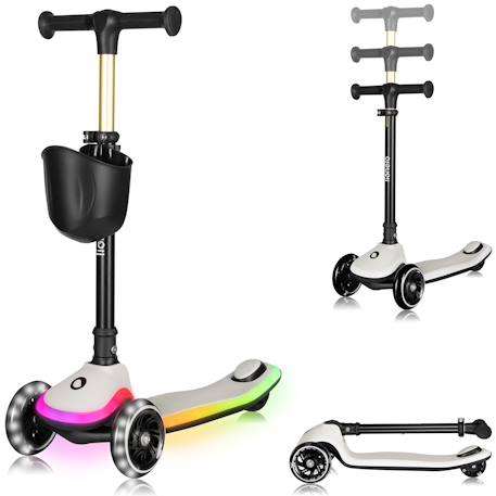 Trottinette 3 roues mey pliable avec roues lumineuses, hauteur réglable et panier Beige sand+Pink rose 1 - vertbaudet enfant 