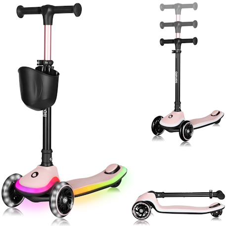 Trottinette 3 roues mey pliable avec roues lumineuses, hauteur réglable et panier Beige sand+Pink rose 7 - vertbaudet enfant 