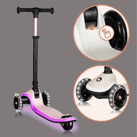 Trottinette 3 roues mey pliable avec roues lumineuses, hauteur réglable et panier Beige sand+Pink rose 9 - vertbaudet enfant 