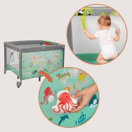 Parc bébé mille 100 x 100 cm avec matelas haute densité, roulettes et jouets à velcro Grey beige+Grey green+Pink 9 - vertbaudet enfant 