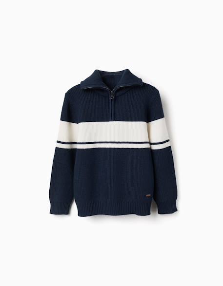 Pull en maille à col zippé à rayures Bleu foncé 1 - vertbaudet enfant 