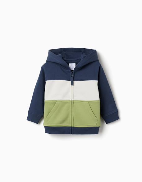 Sweat zippé en coton peigné à capuche et bloc de couleurs Bleu foncé 1 - vertbaudet enfant 