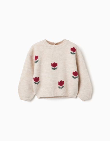 Pull en maille avec fleurs en intarsia Beige clair 1 - vertbaudet enfant 