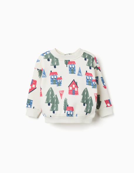 Sweat en coton peigné avec imprimé maisons Blanc 1 - vertbaudet enfant 
