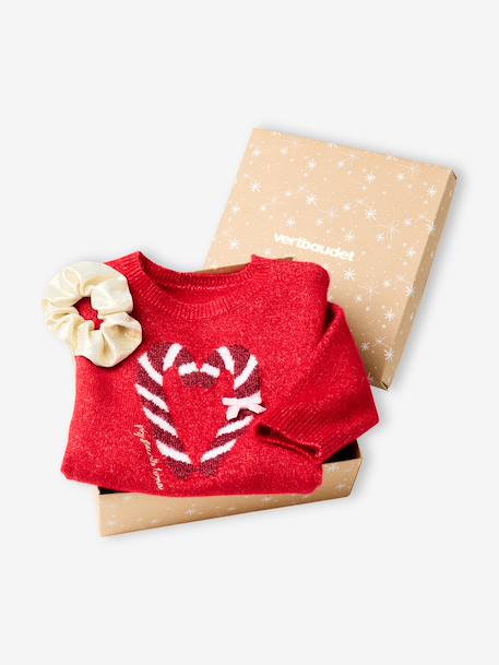 Coffret Noël fille pull jacquard et accessoire écru+rose pâle+rouge 24 - vertbaudet enfant 