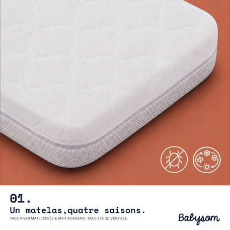 Matelas bébé Babysom - 4 saisons - réversible - protection anti-acariens - certifié certipur Blanc 2 - vertbaudet enfant 