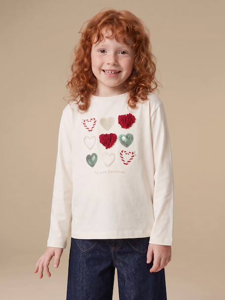 T-shirt fille animation coeur fille manches longues blanc+blush+écru+vert 1 - vertbaudet enfant 