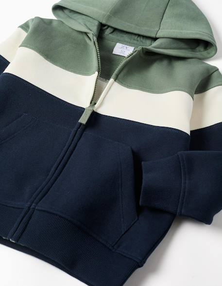 Sweat zippé en coton peigné à capuche et bloc de couleurs Vert foncé 3 - vertbaudet enfant 