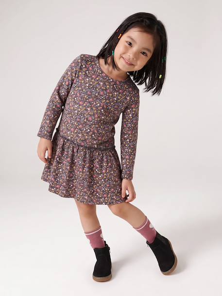 Robe imprimée fille manches longues anthracite+beige poudré+rose 1 - vertbaudet enfant 