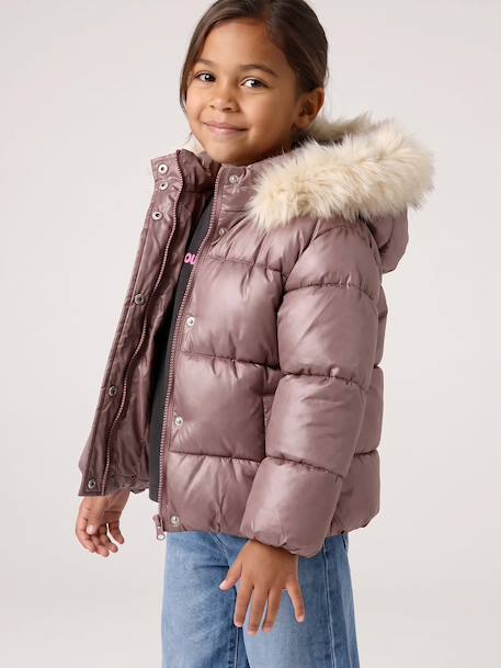 Doudoune à capuche fille doublée maille polaire mauve+or+rose poudré 1 - vertbaudet enfant 