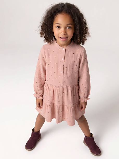 Robe fille en gaze de coton imprimée pois irisés noix de pécan+prune+vert sapin+vert sauge 1 - vertbaudet enfant 