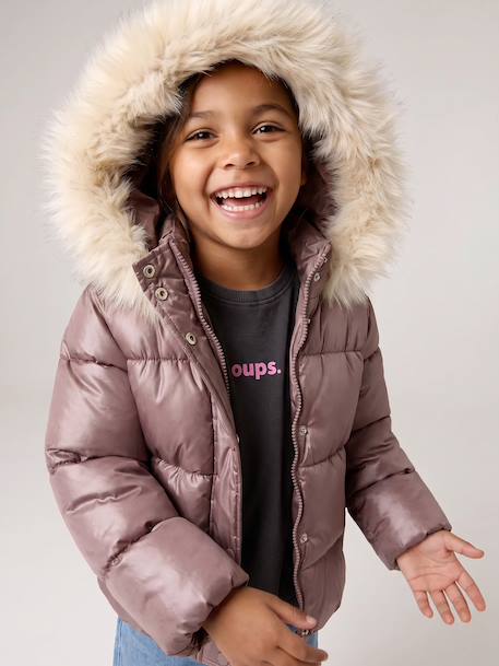 Doudoune à capuche fille doublée maille polaire mauve+or+rose poudré 2 - vertbaudet enfant 