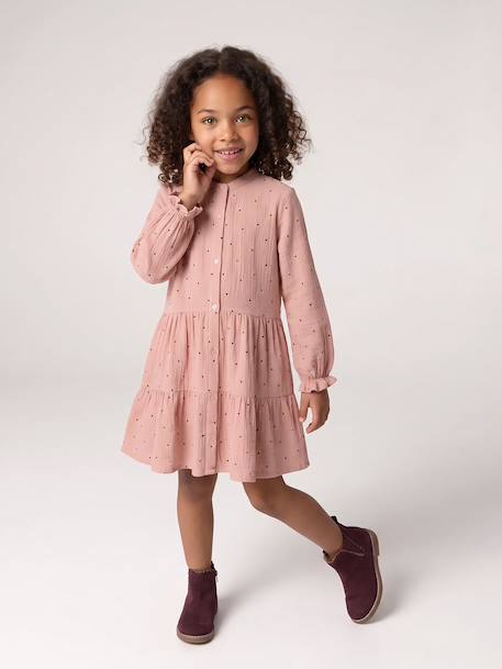 Robe fille en gaze de coton imprimée pois irisés noix de pécan+prune+vert sapin+vert sauge 2 - vertbaudet enfant 