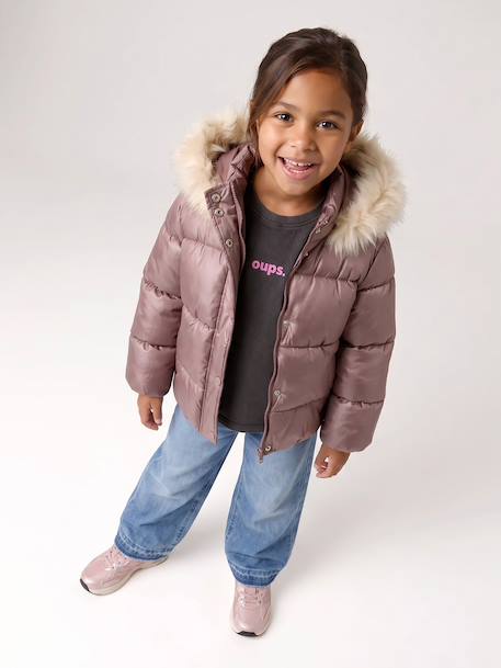 Doudoune à capuche fille doublée maille polaire mauve+or+rose poudré 4 - vertbaudet enfant 