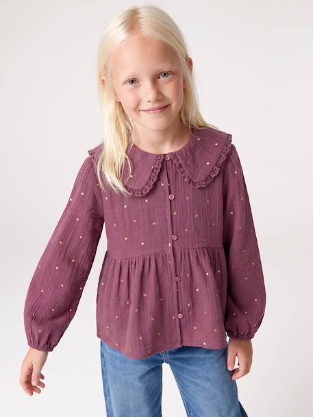 Chemise fille gaze de coton col brodé écru+prune+vert émeraude 8 - vertbaudet enfant 