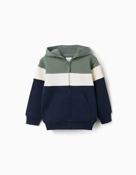 Sweat zippé en coton peigné à capuche et bloc de couleurs Vert foncé 1 - vertbaudet enfant 