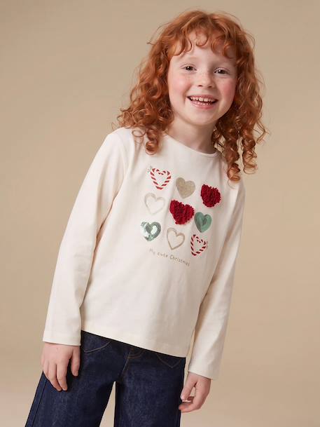 T-shirt fille animation coeur fille manches longues blanc+blush+écru+vert 2 - vertbaudet enfant 